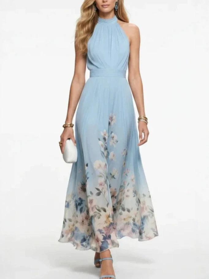 2026 New Halter Sleeveless Lace Printing Elegant Graceful Long Dress