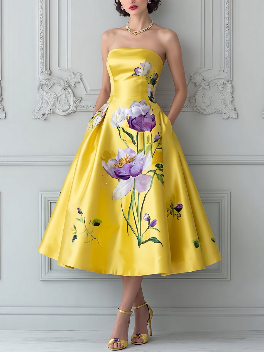 Yellow Floral Strapless Midi Dress