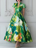 Green Abstract Floral Puff Sleeve Midi Dress