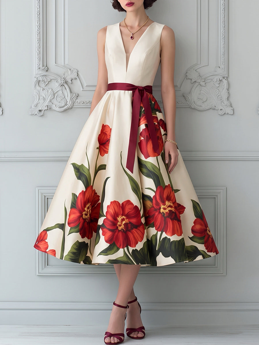 White Red Floral Bow Waist Midi Dress