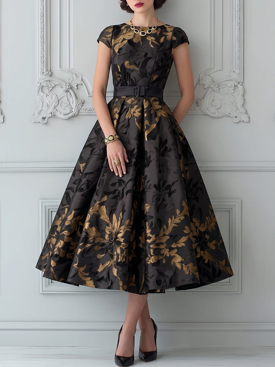 Black Gold Leaf Brocade A-Line Midi Dress