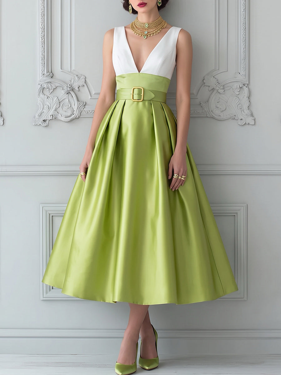 Color-Block White And Lime Green Belted Midi Dress