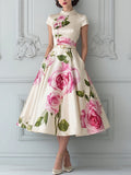 Cream Pink Rose Print Short-Sleeve Midi Dress