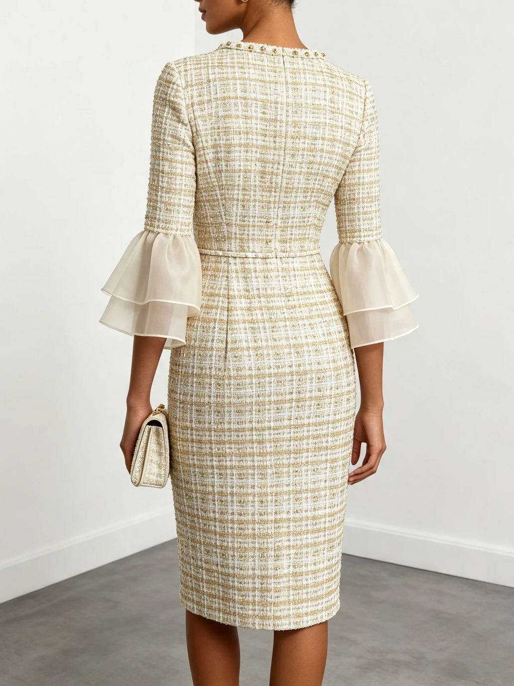 Square Neck Tweed Bell Sleeve Pencil Dress