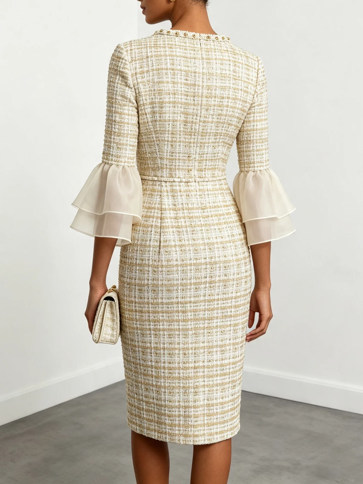 Square Neck Tweed Bell Sleeve Pencil Dress