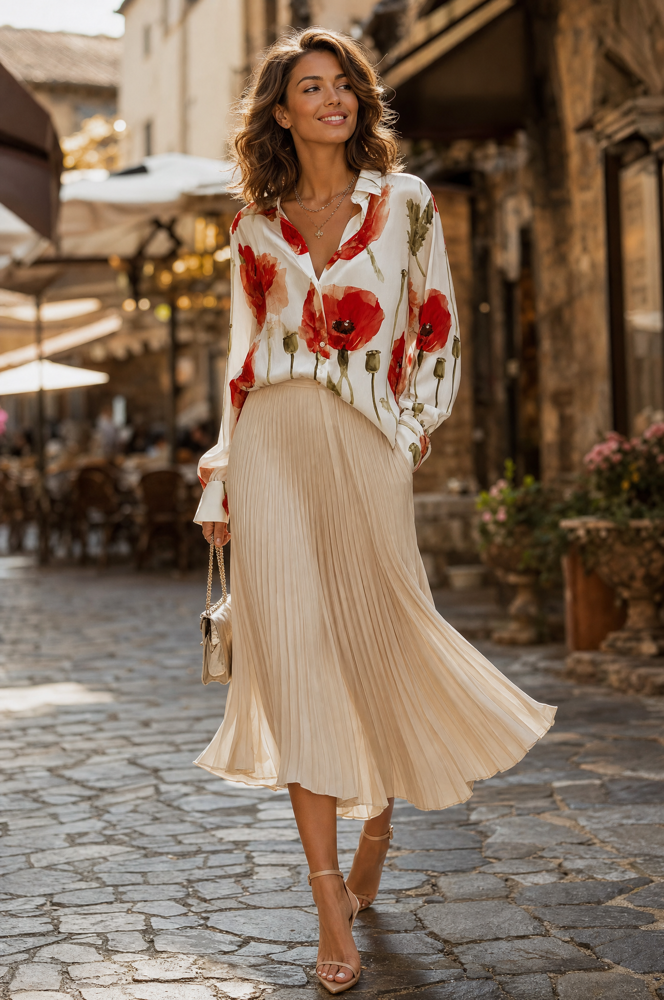 Women's Poppy Floral Print Long Sleeve Button-Up Blouse