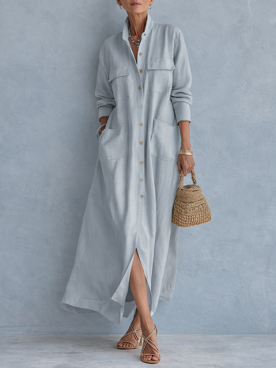 Chic Cotton-Linen Maxi Dress With Patch Pockets