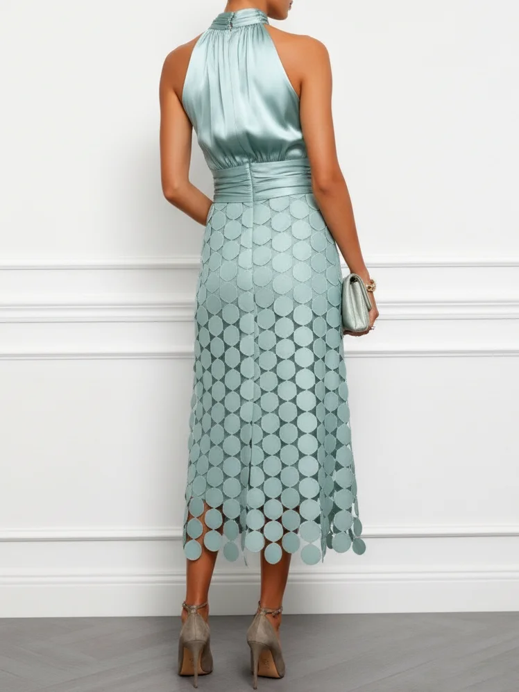 Satin Halter Disc Fringe Midi Dress
