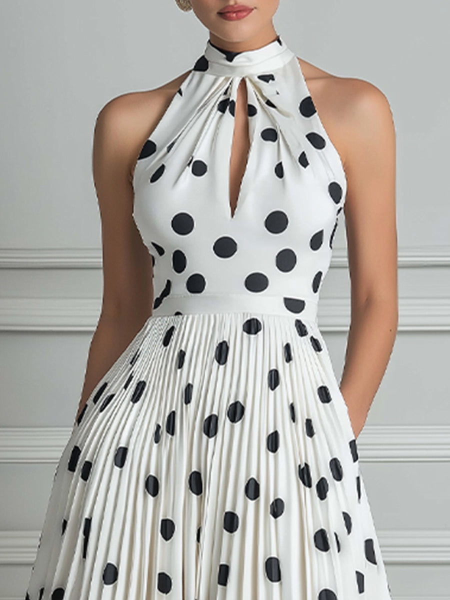 Vintage-Inspired Polka Dot Halter Pleated Midi Dress