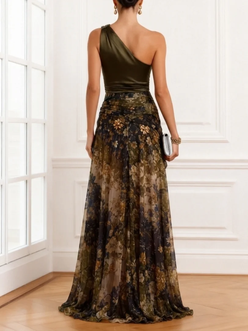 Floral High-Slit Evening Gown