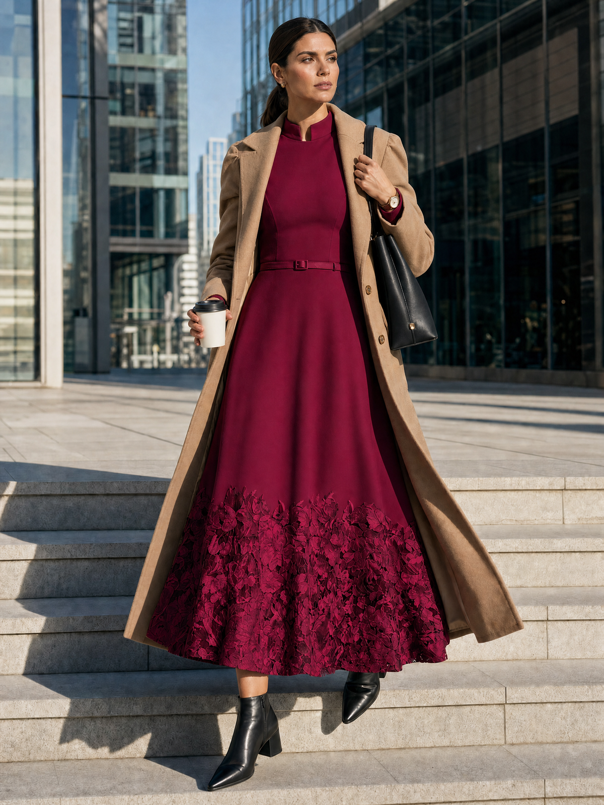 Elegant Stand Collar Puff Sleeve Belted A-Line Maxi Dress with Floral Lace Hem