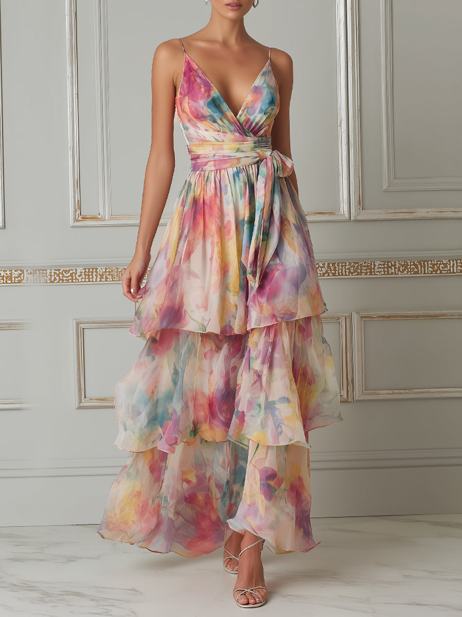 Vibrant Watercolor Tiered Chiffon Maxi Dress