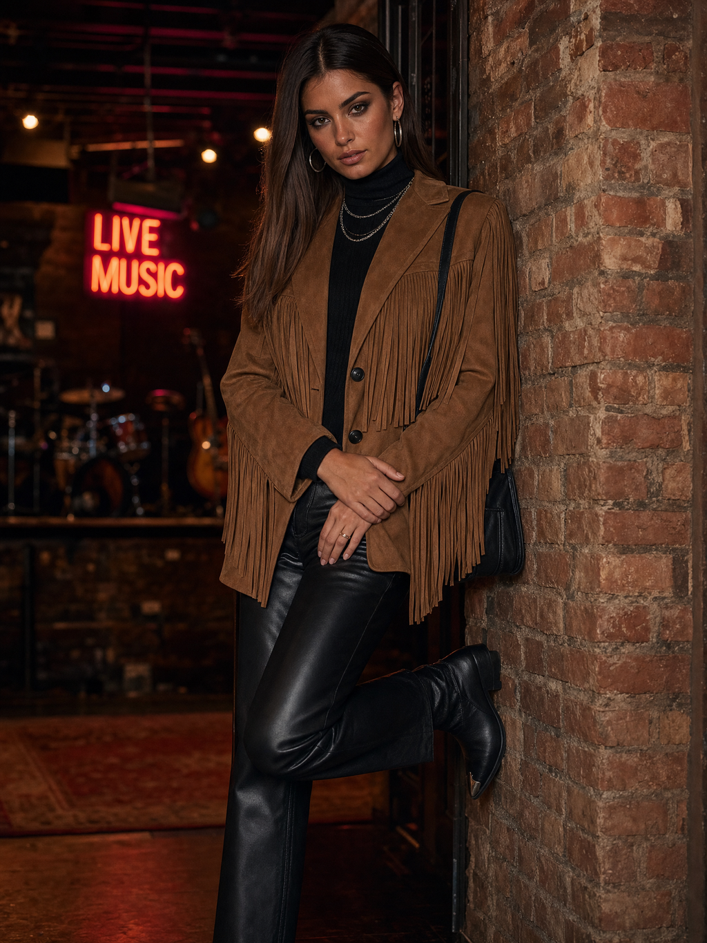 Notched-Lapel Fringe-Trim Faux-Suede Blazer