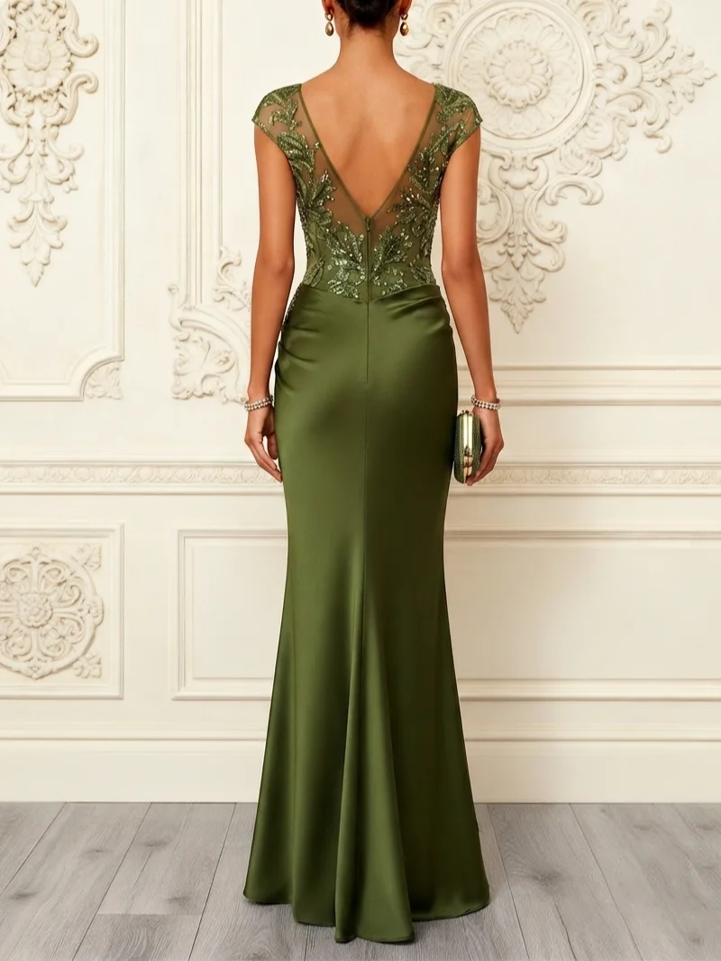 Olive Embellished Ruched Satin Gown
