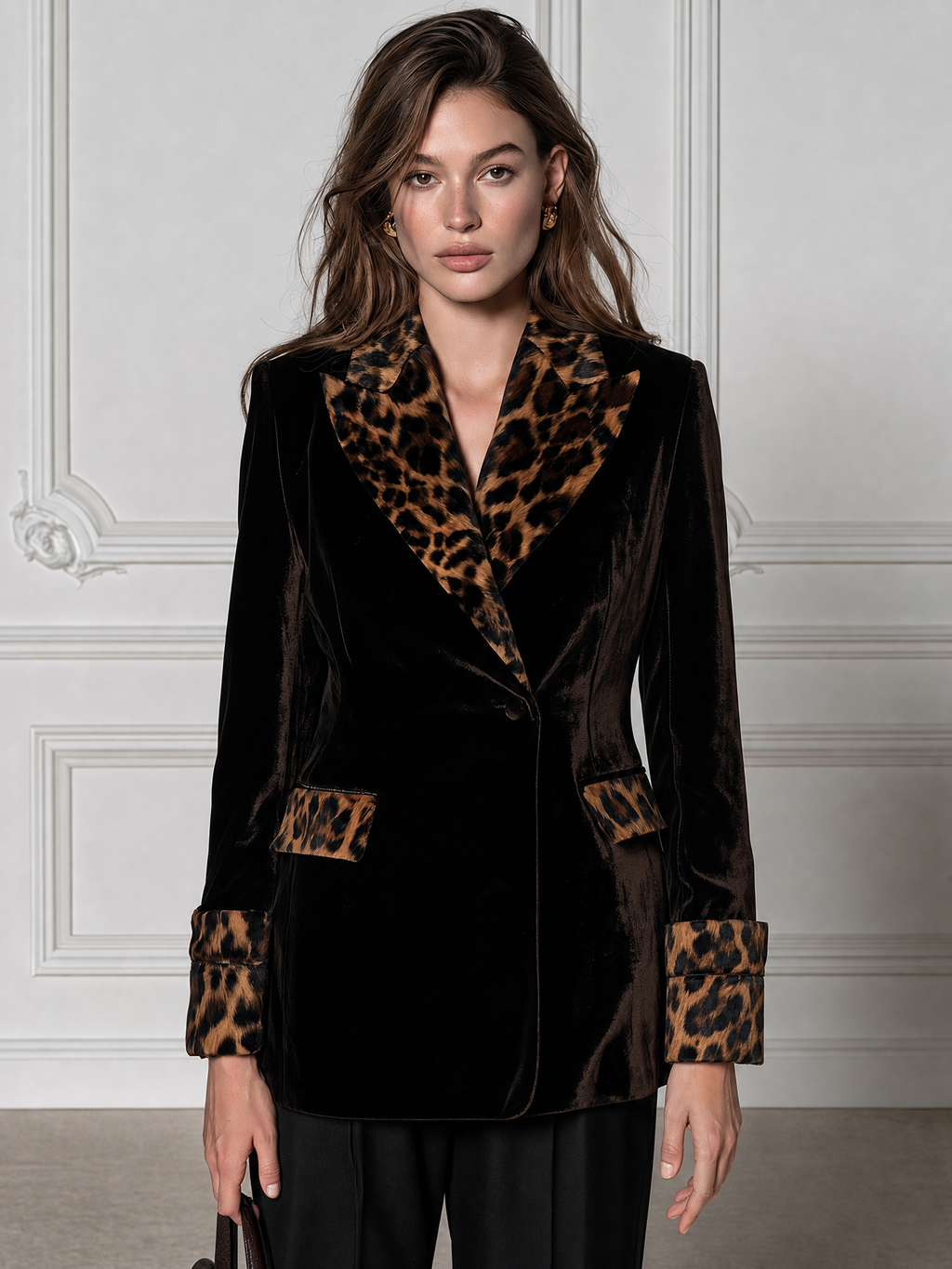 Velvet Blazer With Leopard Fur Collar And Cuffs