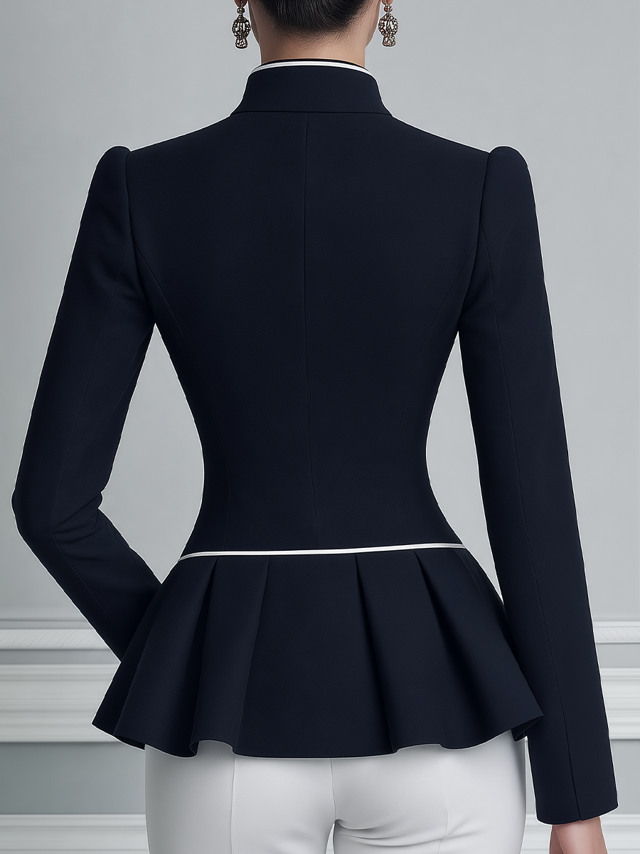 Navy Contrast Piping Stand-Collar Zip-Front Peplum Blazer Top