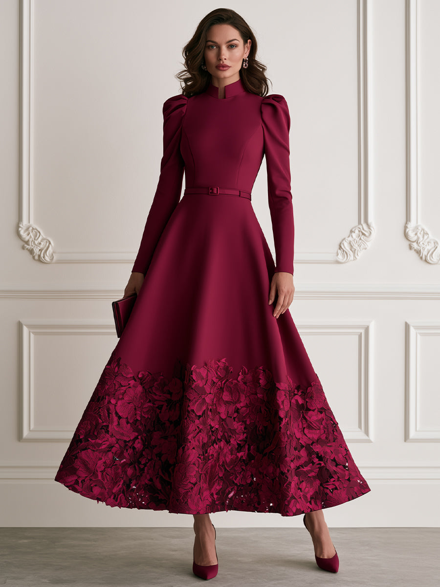 Elegant Stand Collar Puff Sleeve Belted A-Line Maxi Dress with Floral Lace Hem