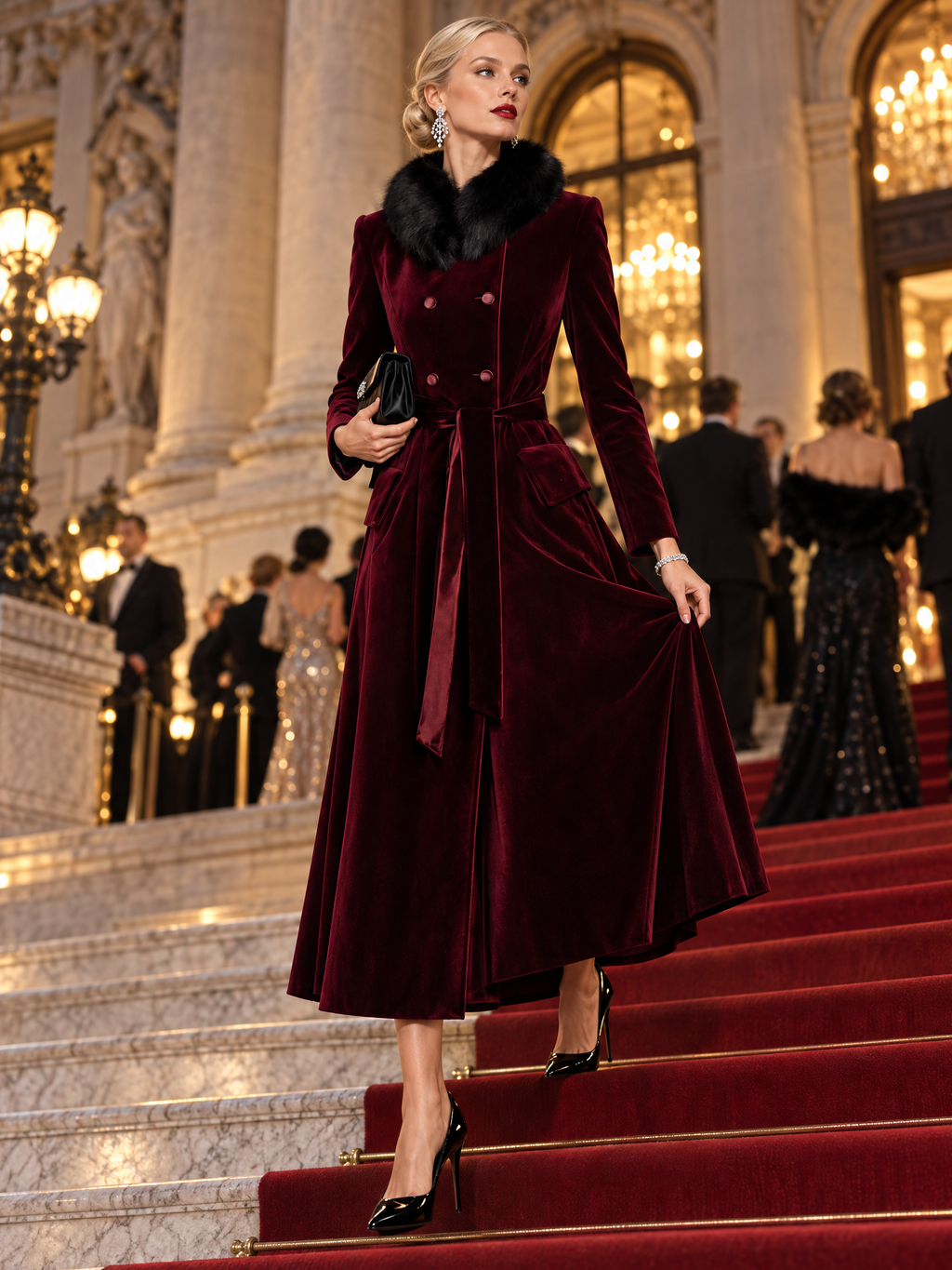 Women's Velvet Double-Breasted Long Coat with Faux Fur Collar