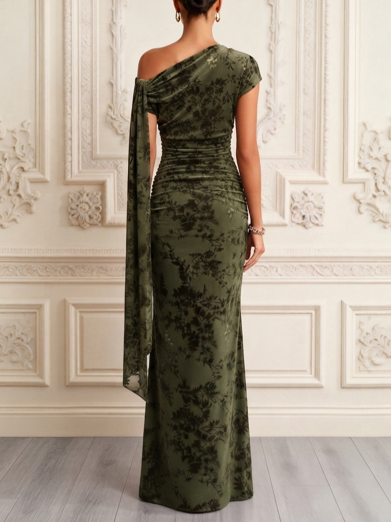 Olive Floral Velvet Off-Shoulder Gown