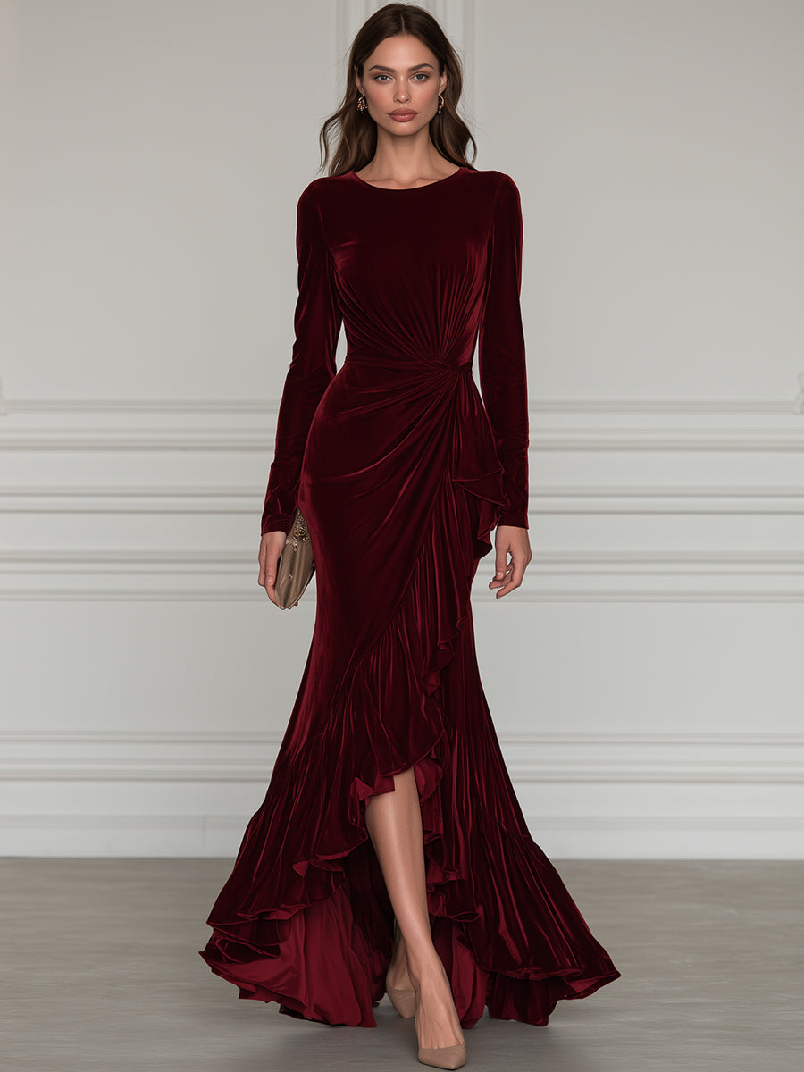 Crew-Neck Long-Sleeve Ruched Ruffle Mermaid Maxi Gown