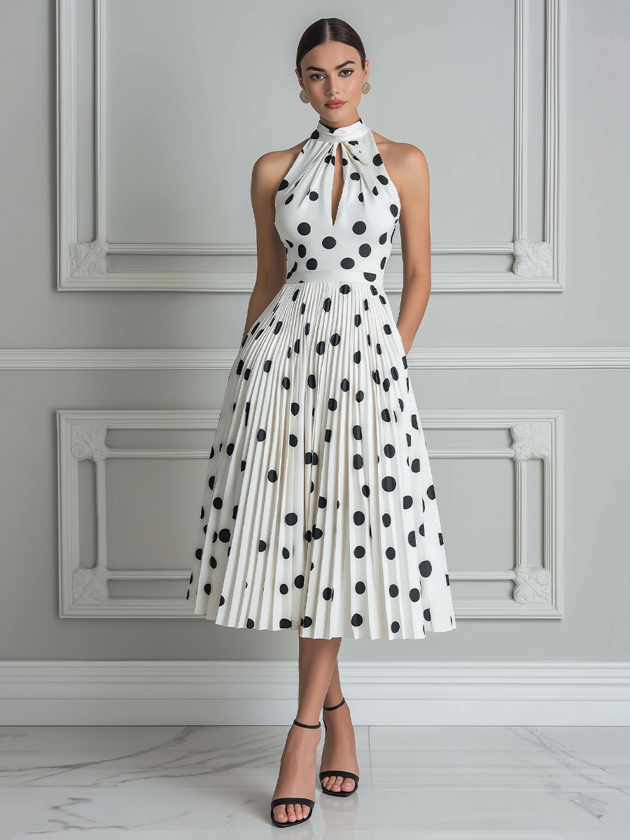 Vintage-Inspired Polka Dot Halter Pleated Midi Dress