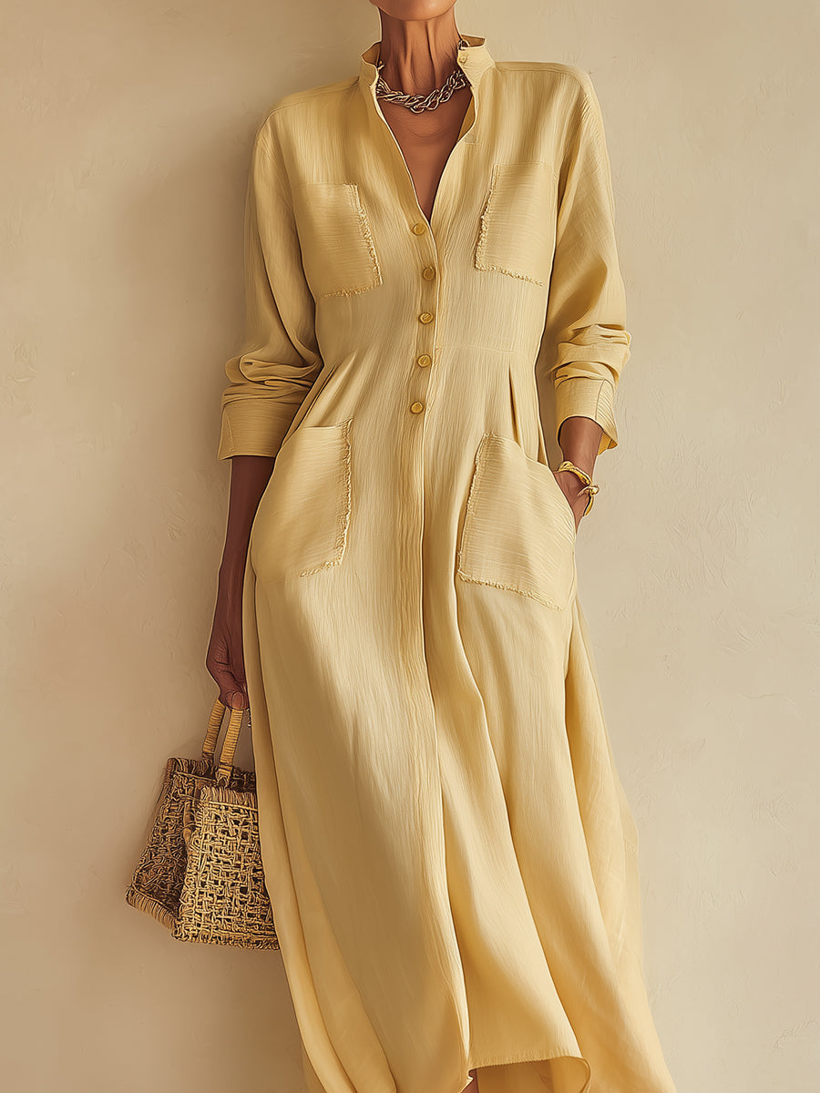 Stand-Collar Cotton-Linen Maxi Dress With Patch Pockets