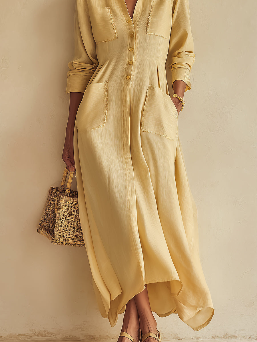 Stand-Collar Cotton-Linen Maxi Dress With Patch Pockets