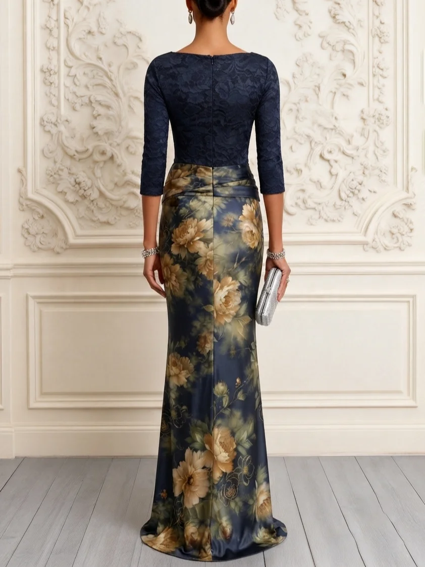 Midnight Navy Floral Ruched Maxi Dress