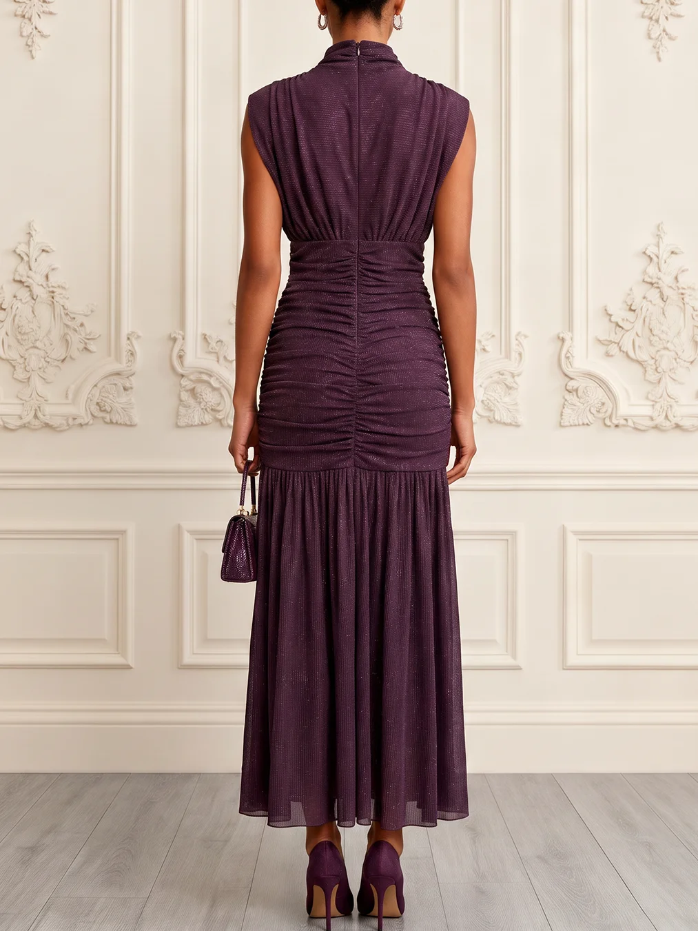 Ruched Mock Neck Drop Waist Midi Dress