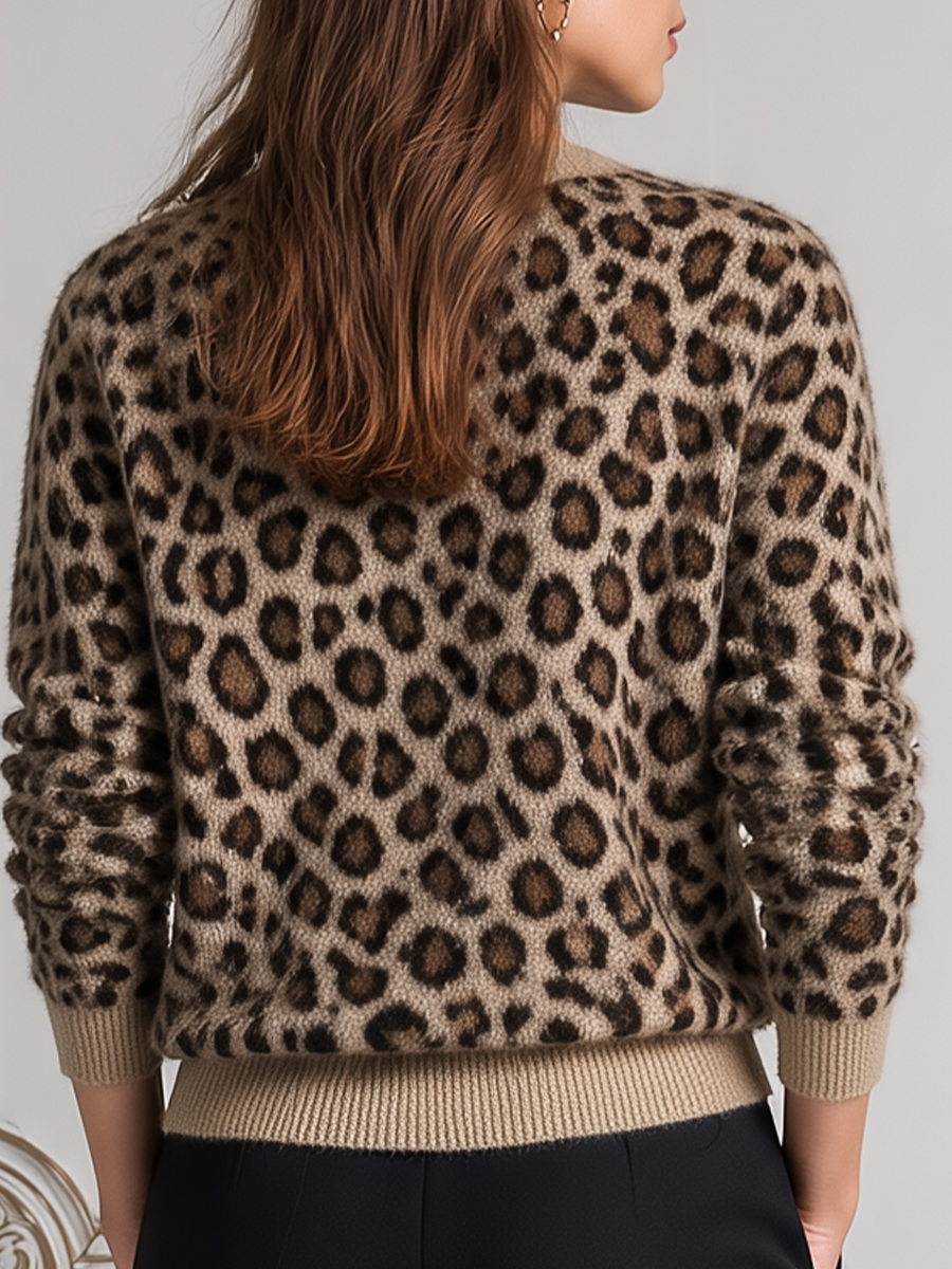 Leopard Print Fuzzy Crew-Neck Knit Sweater