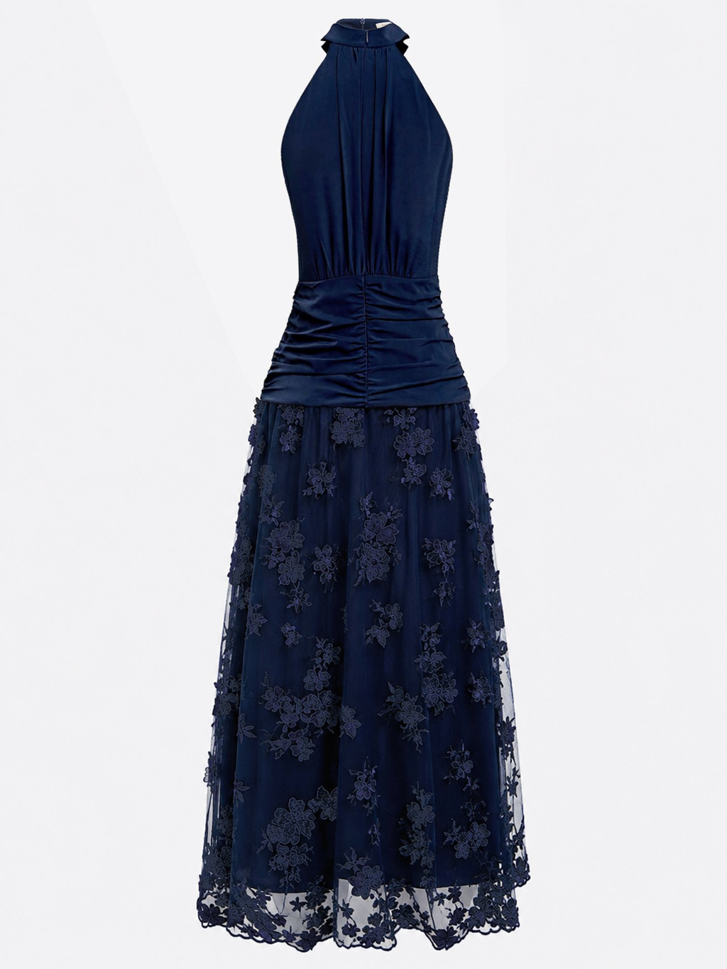 Satin Halter Floral Appliqué Midi Dress