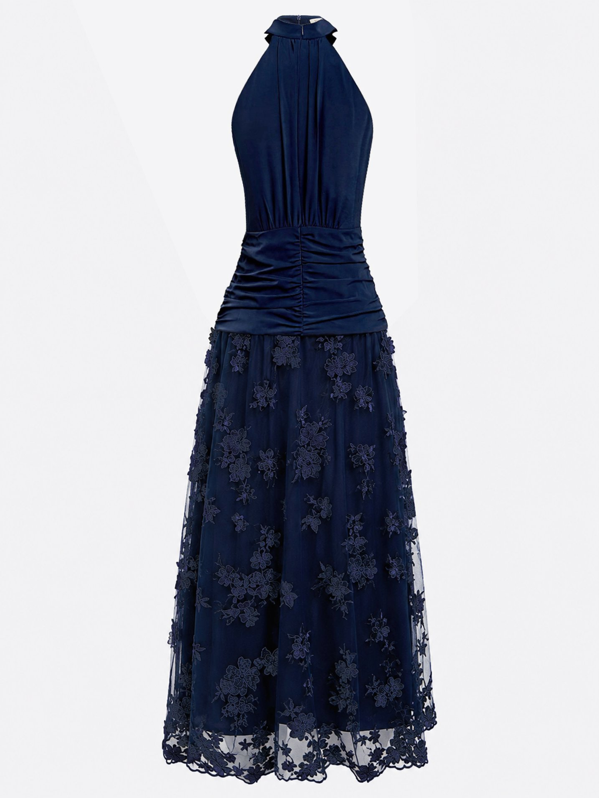 Satin Halter Floral Appliqué Midi Dress