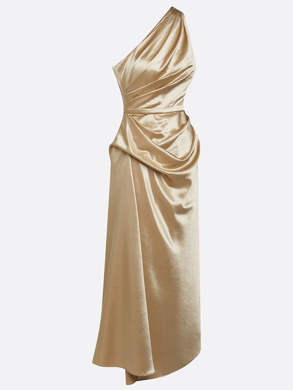 Front product view showing diagonal bodice folds and draped hip detailing