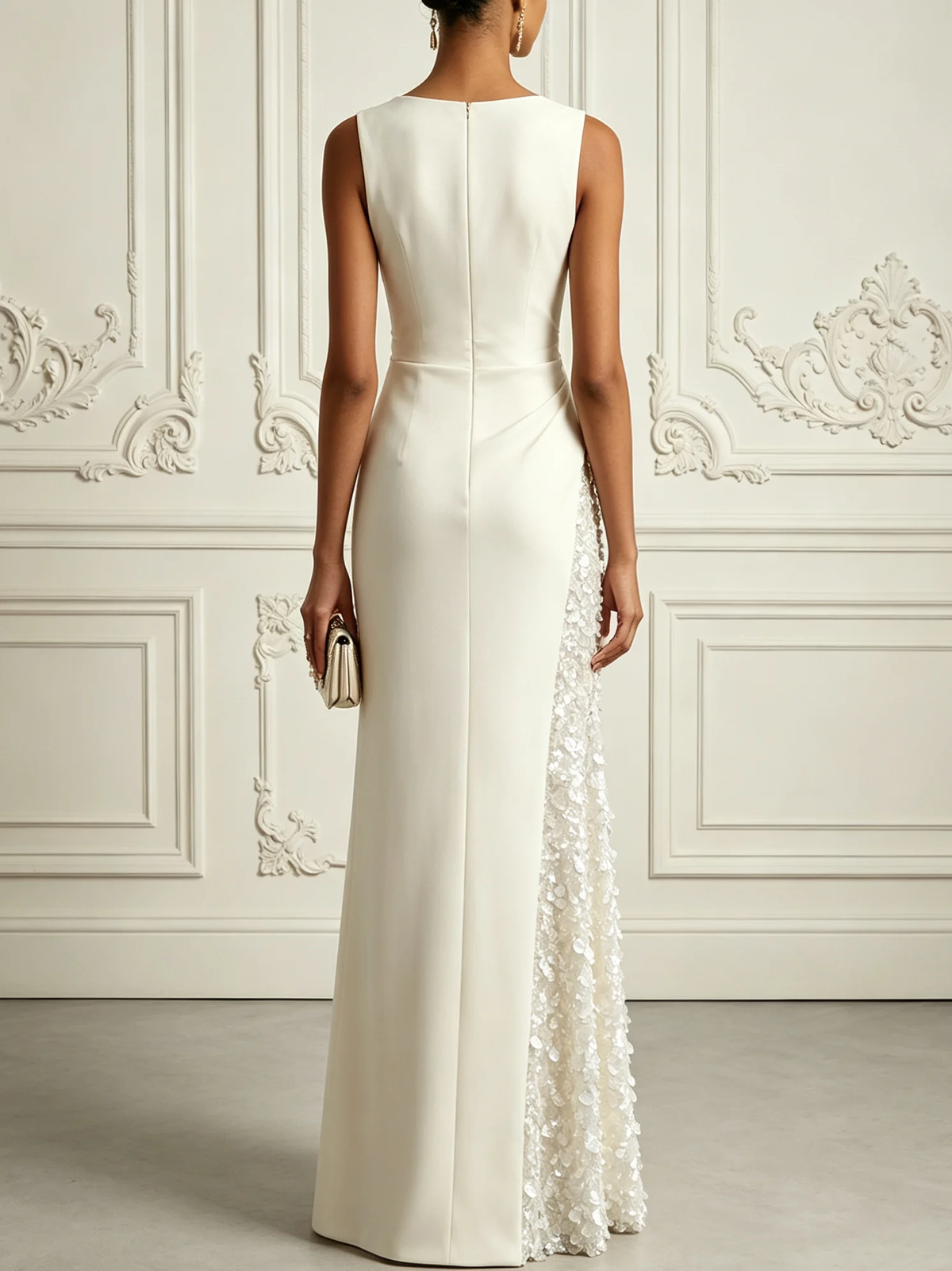 Back view of ivory draped floral sequin panel maxi dress