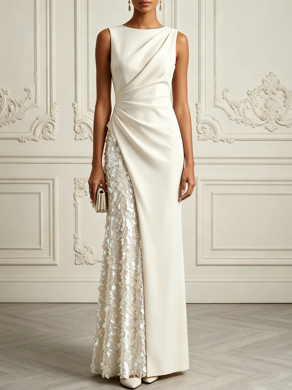 Front view of ivory draped floral sequin panel maxi dress