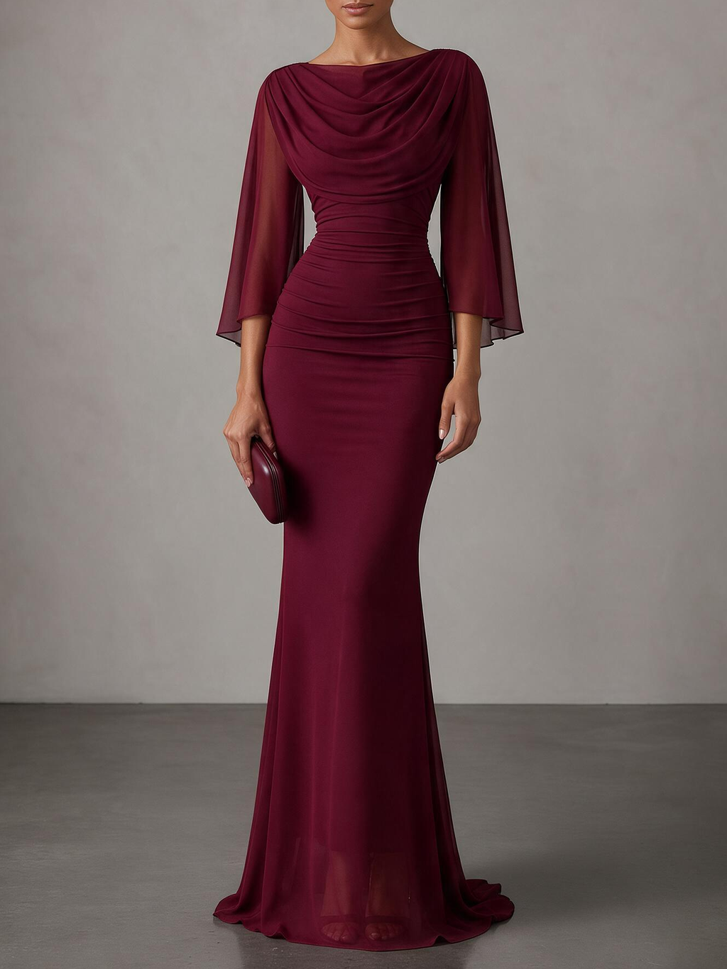 Burgundy draped cape sleeve ruched mermaid gown, full front view