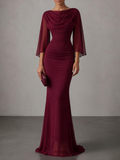 Burgundy draped cape sleeve ruched mermaid gown, full front view