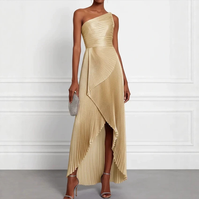 Champagne gold one shoulder pleated asymmetric maxi dress