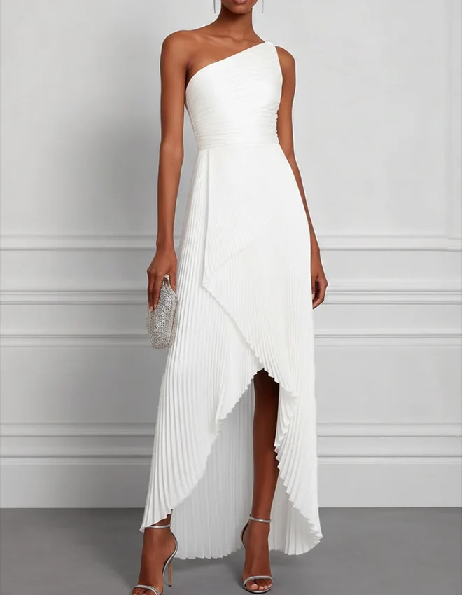 White one shoulder pleated asymmetric maxi dress
