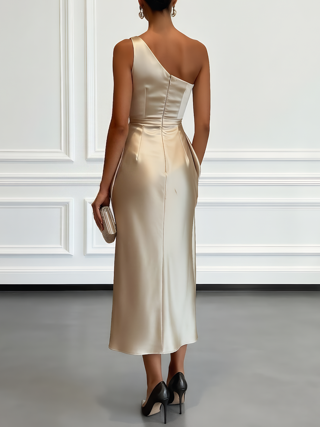 Back view of champagne one shoulder midi dress with center-back zipper