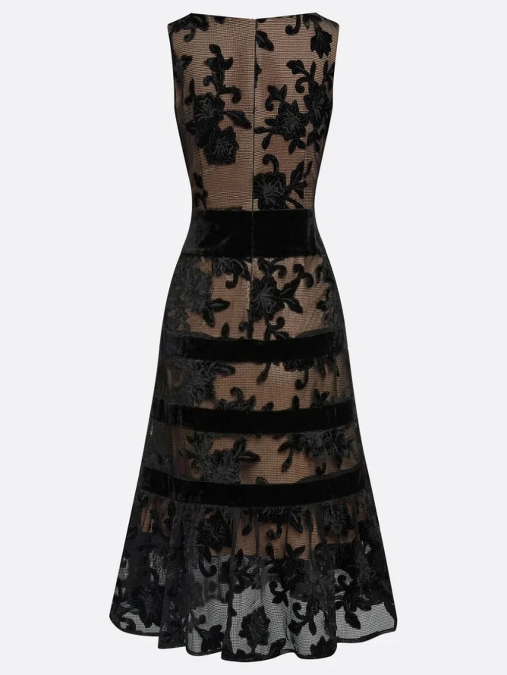 Back product view of floral mesh banded midi dress