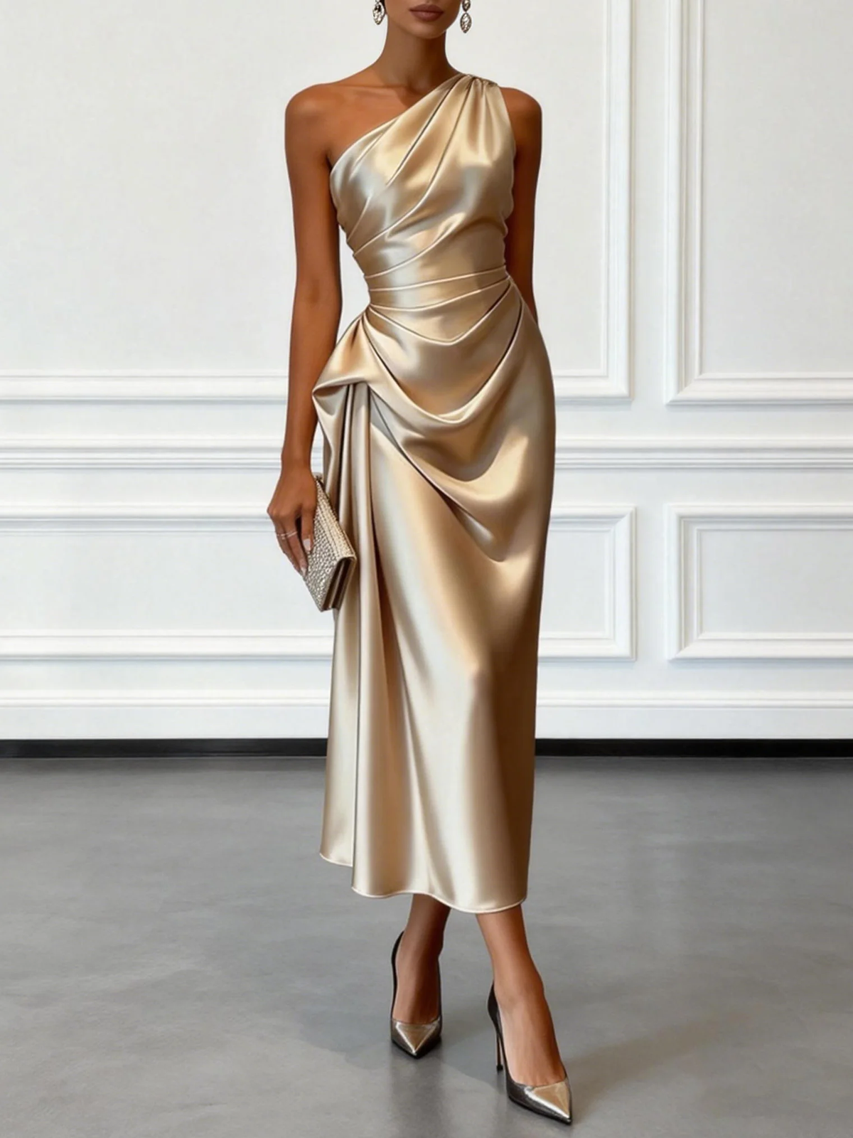 Front view of champagne one shoulder draped satin midi dress