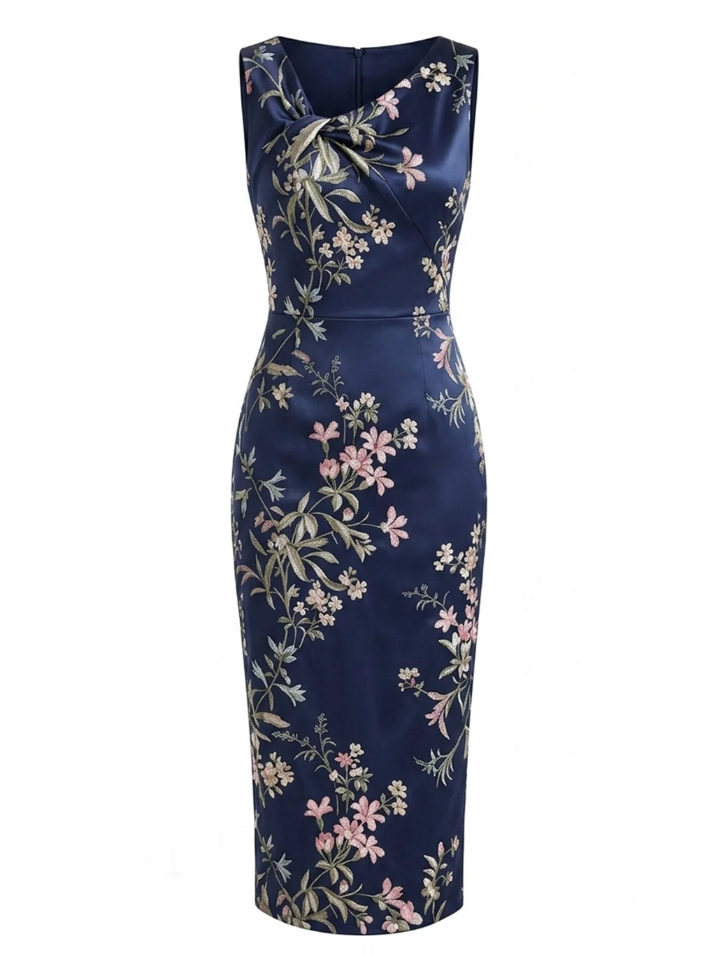 Front product view showing draped cowl neckline and floral print