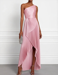 Pink one shoulder pleated asymmetric maxi dress