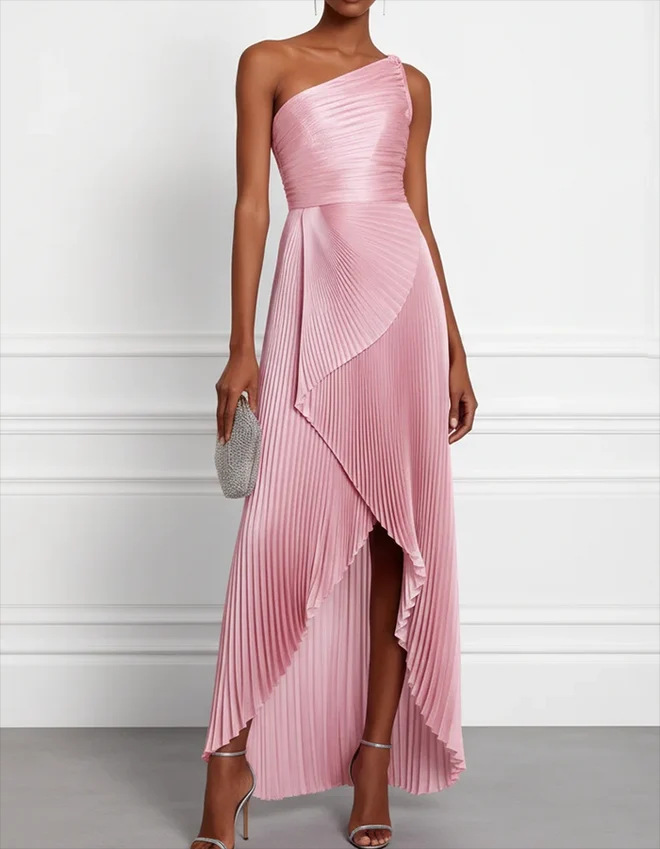 Pink one shoulder pleated asymmetric maxi dress