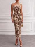Front view of one shoulder floral embroidered mesh maxi dress