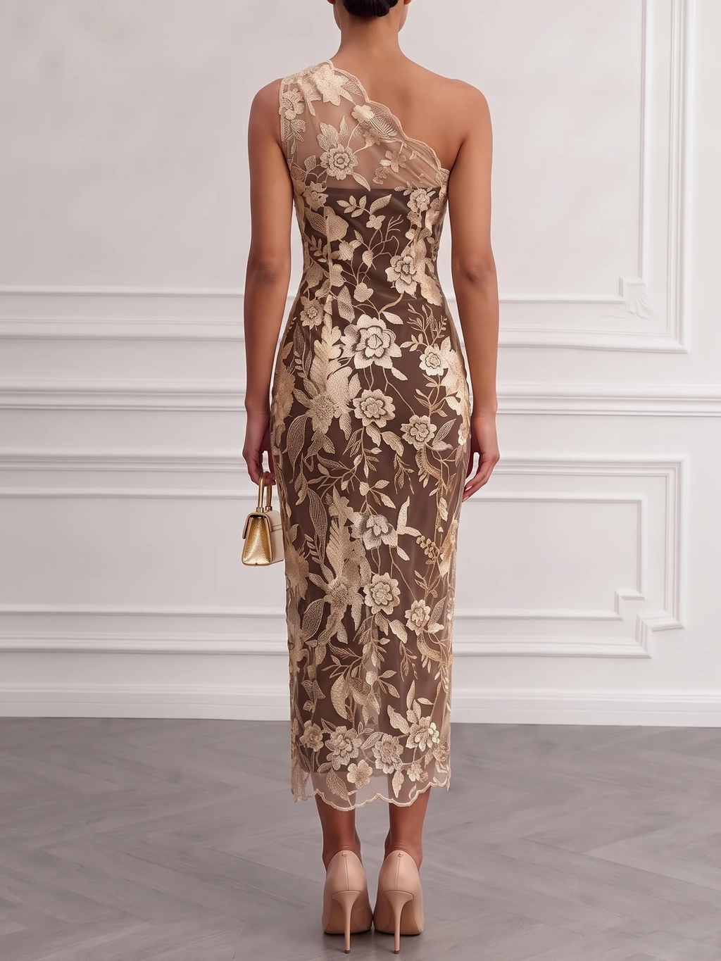 Back view of brown and champagne floral embroidered maxi dress