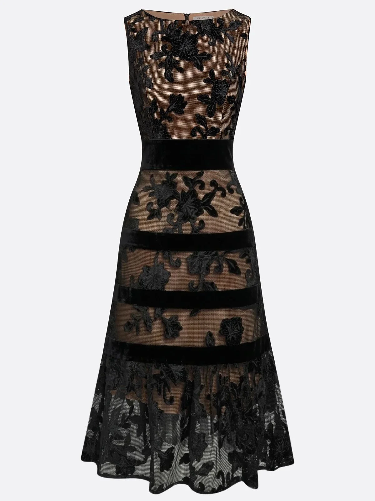 Front product view of floral mesh banded midi dress