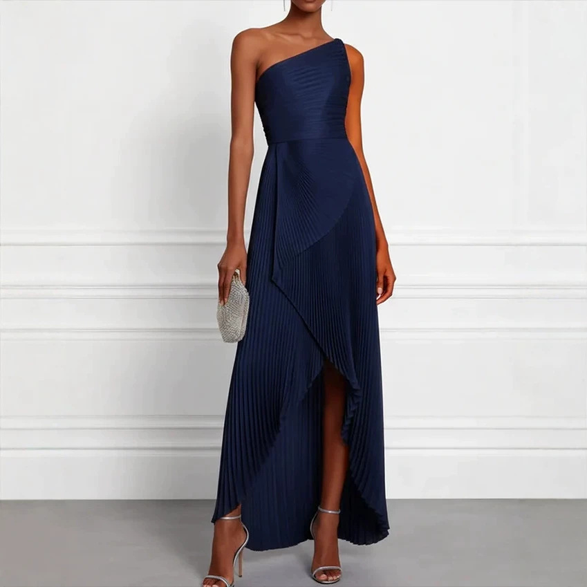 Navy one shoulder pleated asymmetric maxi dress