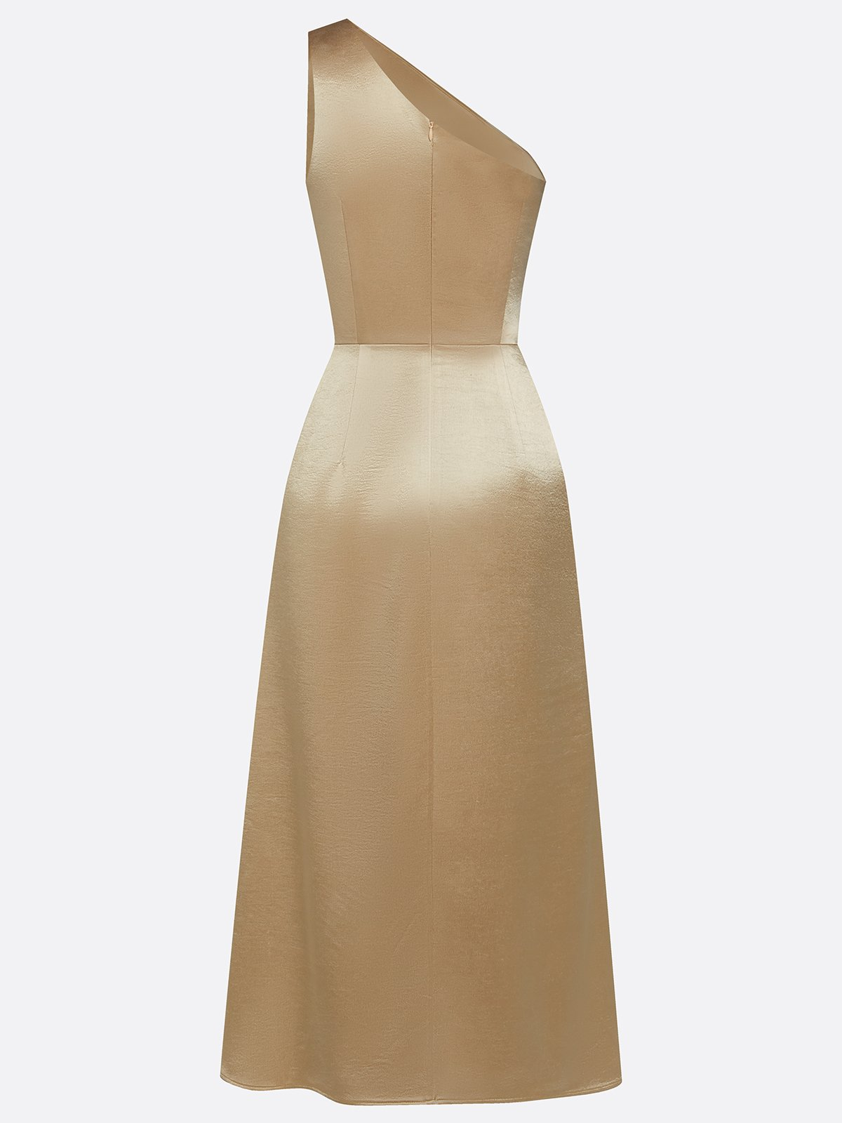 Back product view of champagne asymmetric neckline midi dress